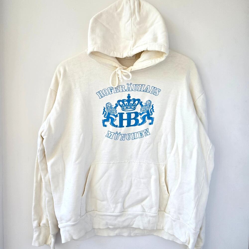 Vintage 80s Hofbrauhaus Munchen Classic Lion Crest Hoodie Sweatshirt White Sz 8